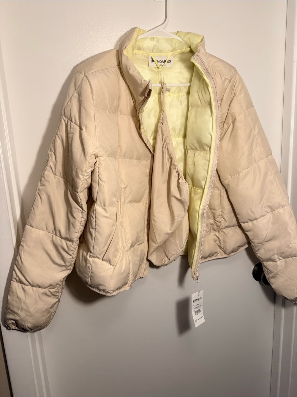 No Boundaries Cream Puffer Jacket with Lemon Yellow Lining - Women's